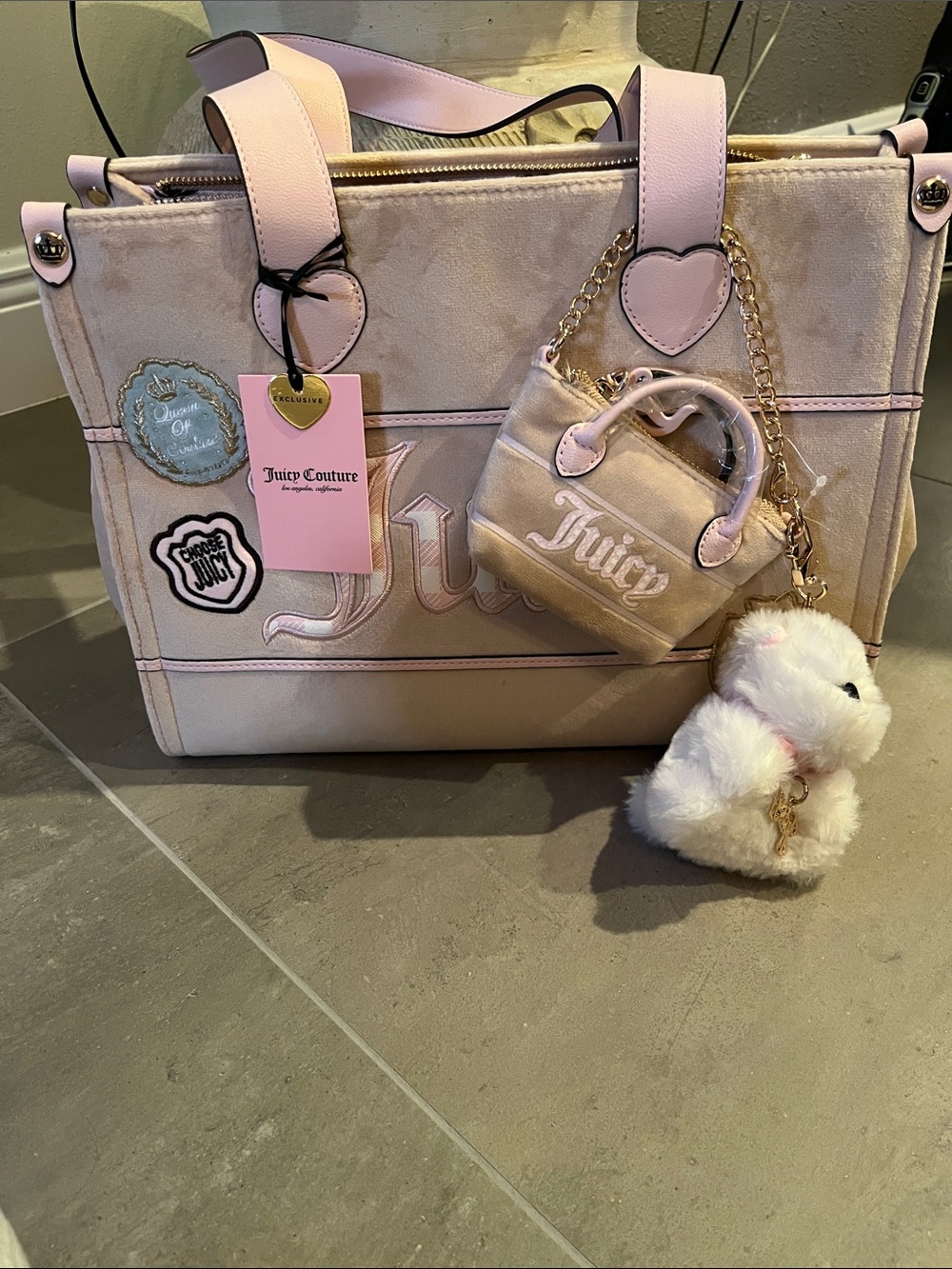 Juicy Couture Light Pink Tote with Charm and Plush Keychain